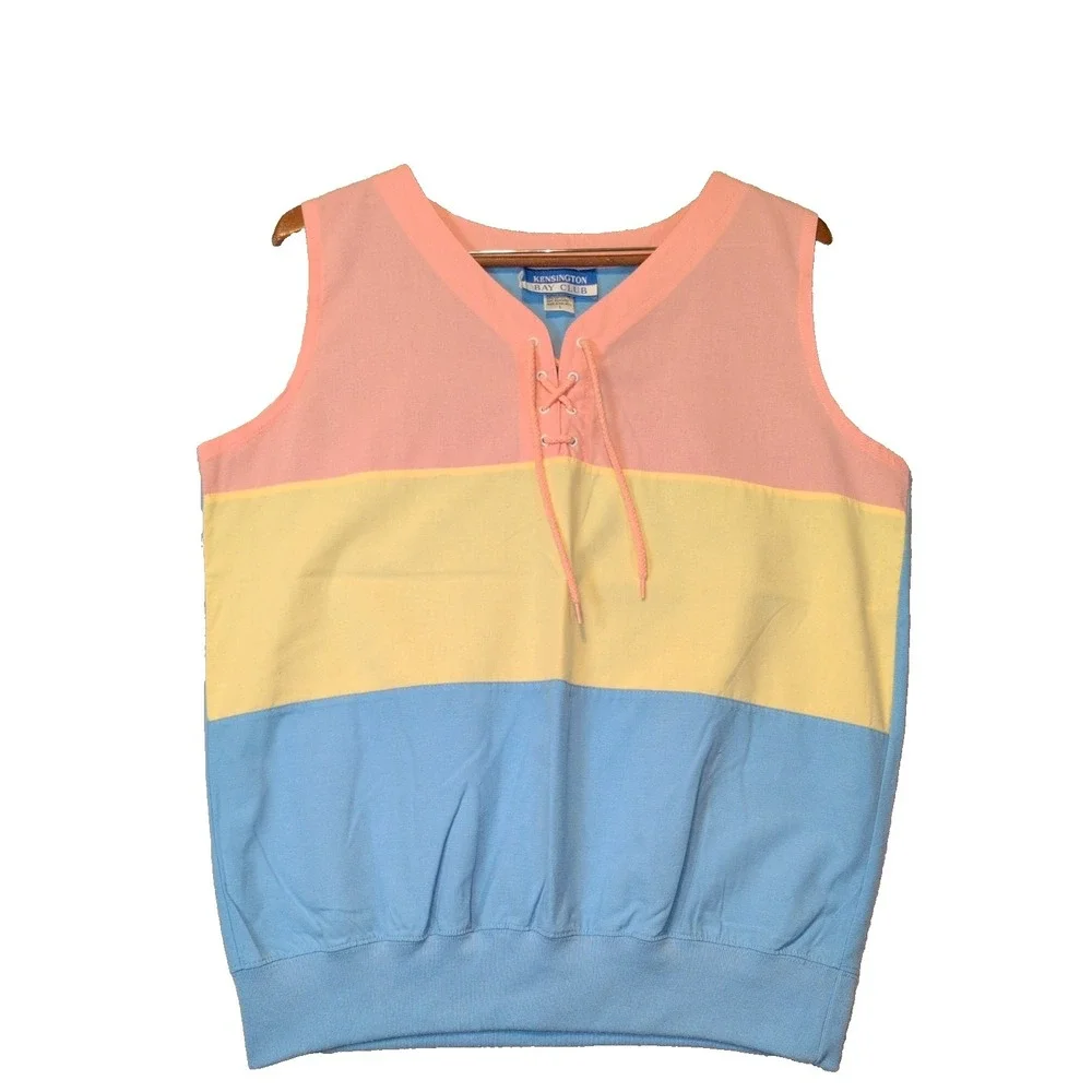 80's VTG Lg Pastel Color block Sleeveless Shirt with Ties Kensington Bay Club